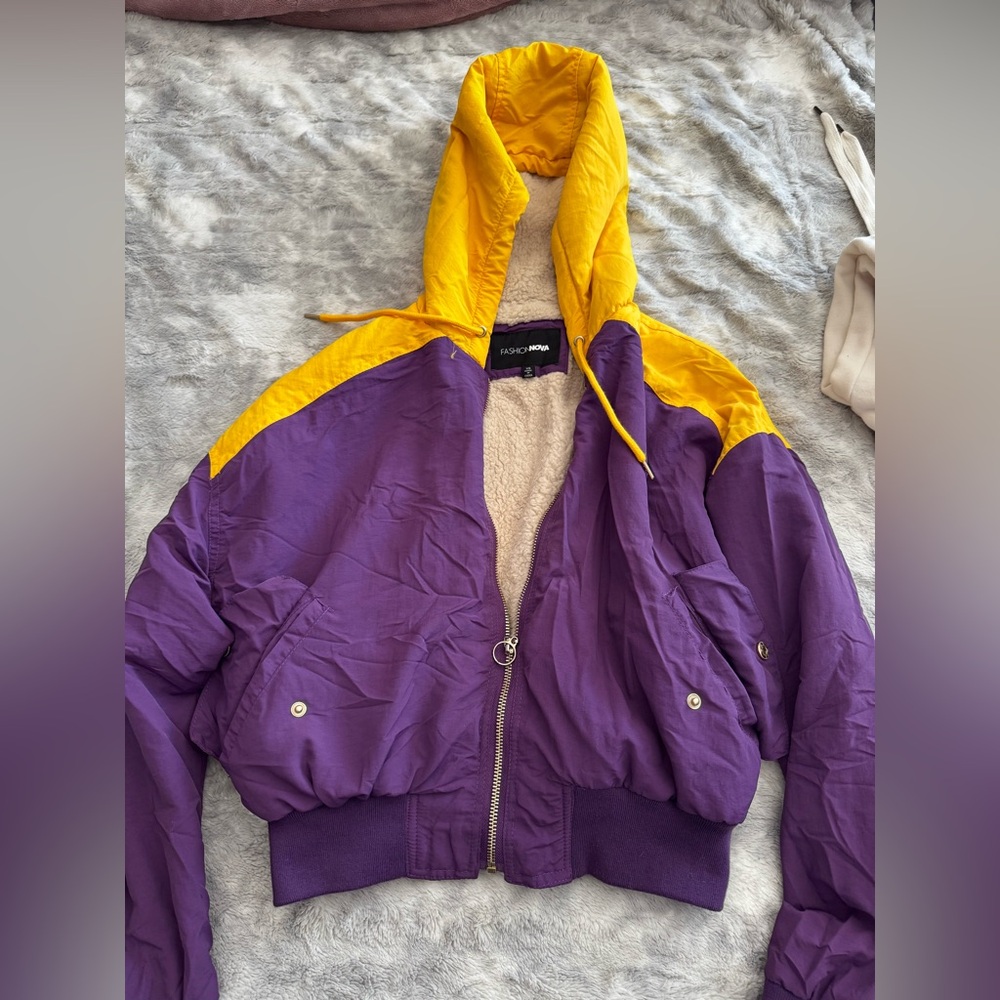 Fashion Nova Purple and Yellow Jacket with Cream Lining